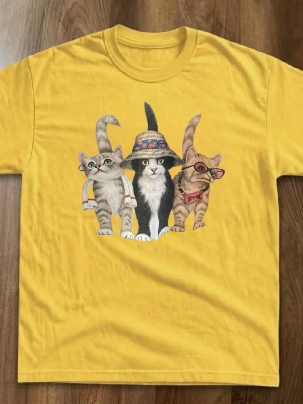 Gildan Yellow Tee with Three Cat Graphic